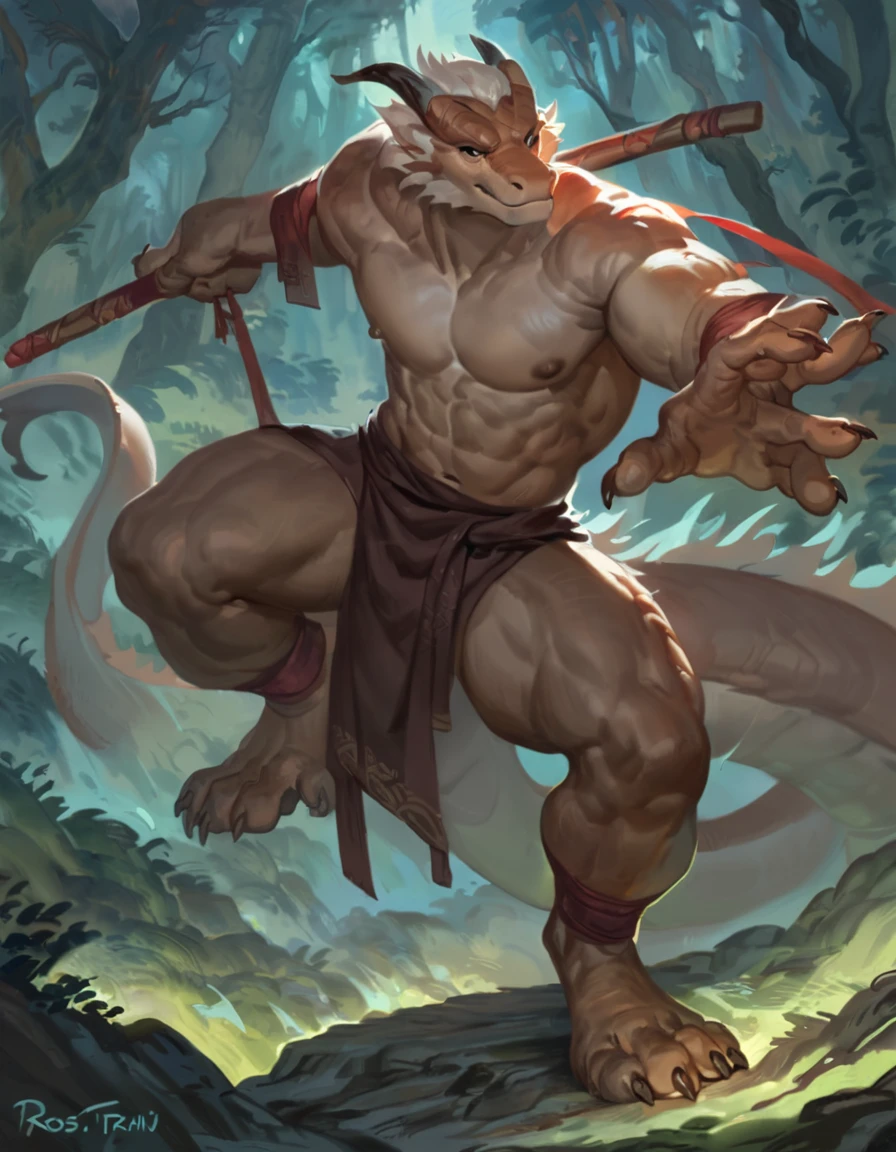 By Ruan Jia, by ross tran, male anthro eastern
dragon, solo, masterpiece, best art, monk, forest, proud expression, night, standing, muscular, detailed, newest, feet, sfw, battle pose, nipples