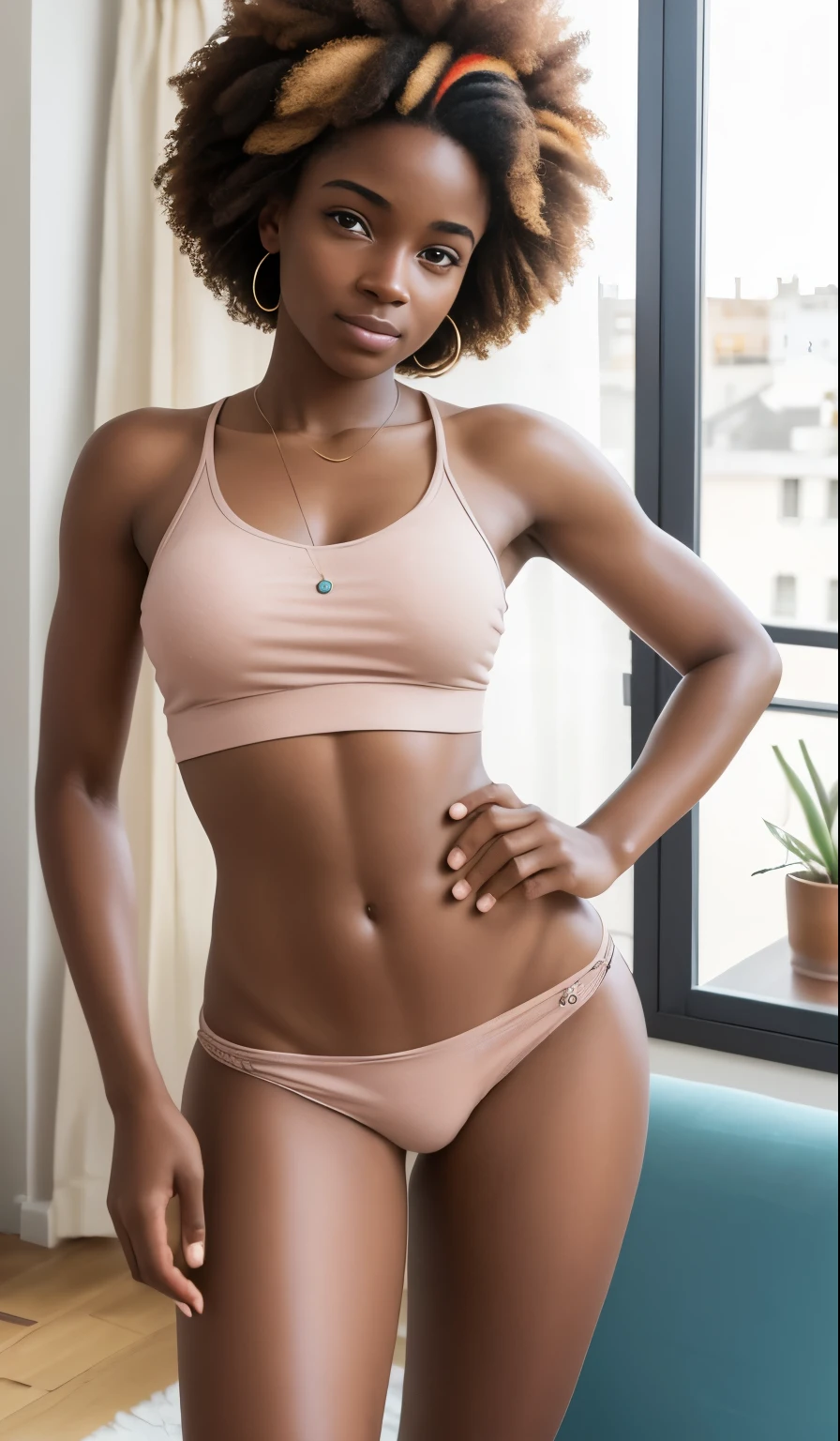 Ultra realistic photo, femme brune 19ans , cheveux afro, in a realistic apartment , HDR Quality , dressed in shorty and small top, souriante et coquine , A little wink, ((Wink)) Ultra real photo quality with focus