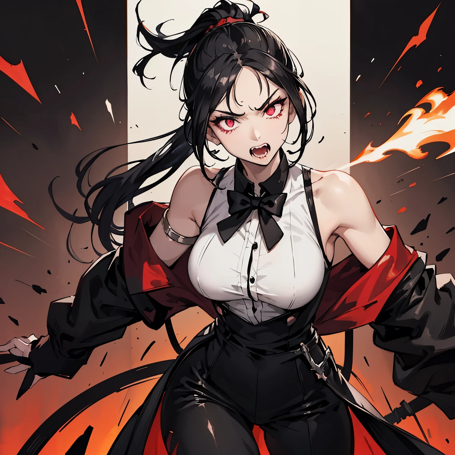 Woman, black hair, ponytail, crimson eyes, vertical pupils, sharp teeth, black lipstick, angry expression, showing teeth, cigarette in mouth, toned body, white skin, vermilion shirt, black dress vest, black tie, dress pants black, black fingerless gloves, shoulder gun holster.