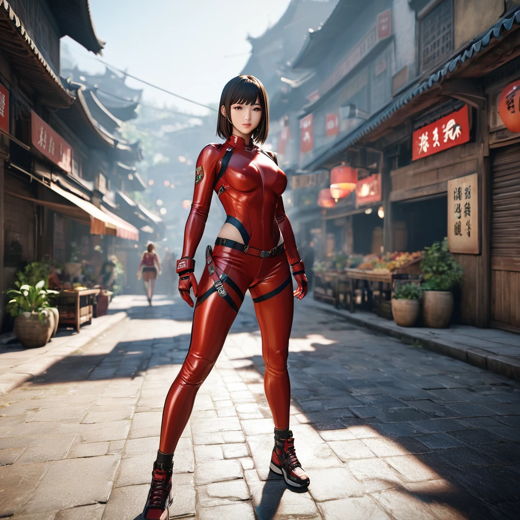 2 Caucasian girls in (((full body))) ready for combat in a Street Fighter style looking each other, the girl from the right has won the fight and the other girl from the left has lose the combat, the background is a Market in a Chinese city, ((Best quality, masterpiece, Very beautiful woman)), Depth-of-field, Multi-layered textures, HDR (High Dynamic Range), Ray Tracing, NVIDIA RTX, Unreal 5, Subsurface scattering, PBR Texturing, Post-processing, Anisotropic Filtering, Maximum clarity and sharpness, Wide aperture, Low ISO, White balance, Rule of thirds, 8K RAW, (extremely slutty), (Highly realistic skin), sharp image, (extremely high quality artwork),