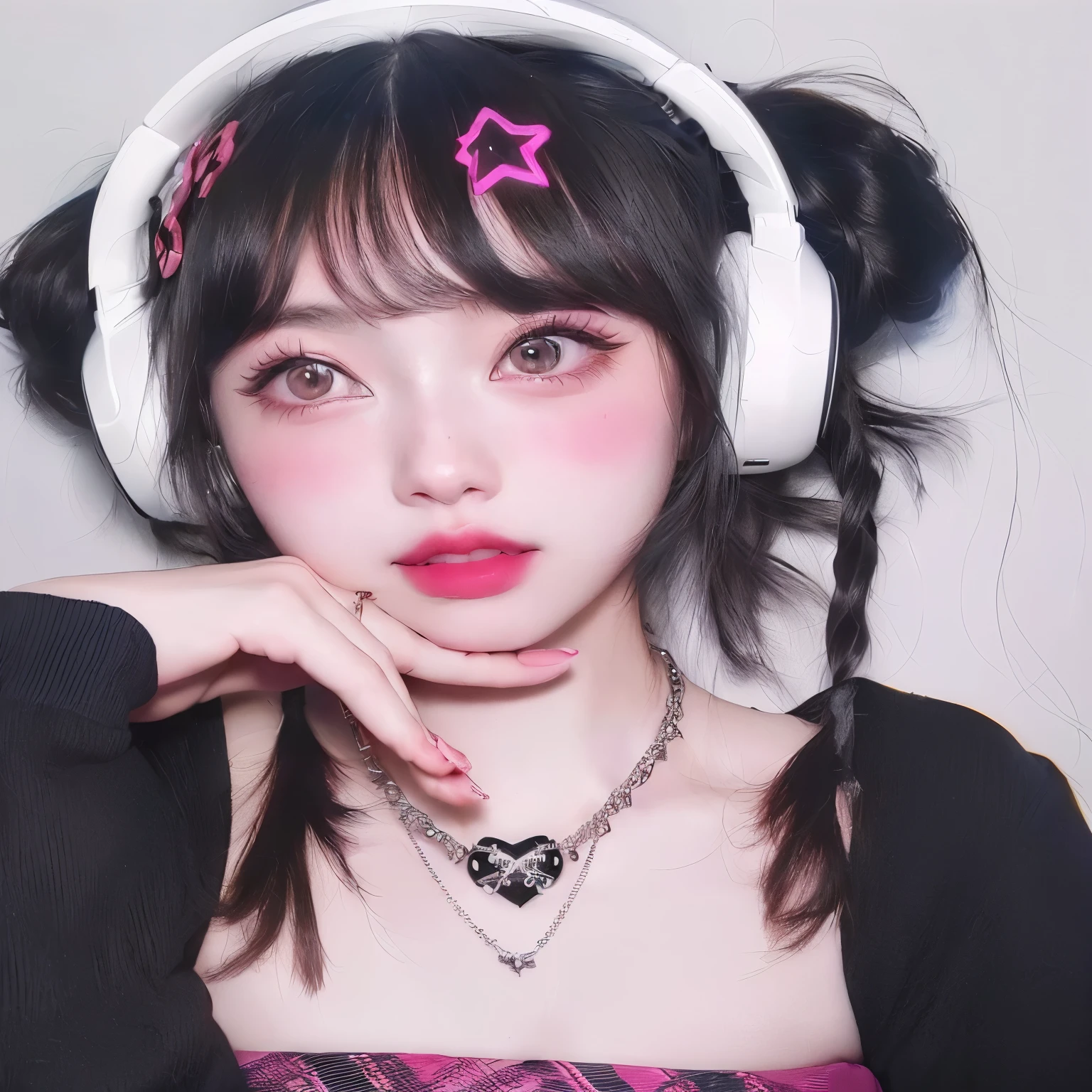 there is a girl with headphones on and a necklace on, kawaii realistic portrait, cute kawaii girl, ulzzang, black hair and large eyes, cute natural anime face, anime girl in real life, extremely cute anime girl face, 1 7 - year - old anime goth girl, stunning anime face portrait, belle delphine, anime girl with cat ears