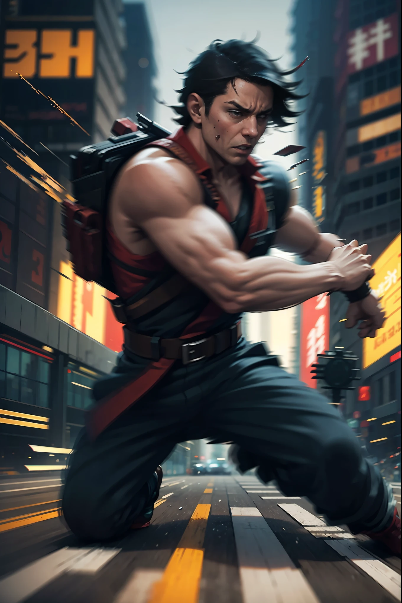 (high quality, 8k, 4K, high contrast, masterpiece: 1.2, 最high quality, best aesthetic), Shibuya crossing, post-apocalyptic, 1 man, focus, intense fight, fighting action pose, ((( Blur effect motion speed: 1.6))), destroyed Tokyo atmosphere, empty street scene, broken neon signs, depressing atmosphere, fast movement, ((motion blur on arms)), shadow assassin, assassinating an enemy , destroyed architecture, blood on the ground, less blood stained, evil energy, cinematic colors, dynamic settings, atmospheric perspective, epic lighting