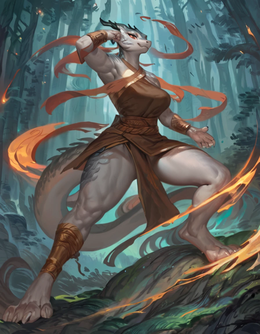 By Ruan Jia, by ross tran, female anthro eastern dragon, solo, masterpiece, best art, monk, forest, proud expression, night, standing, muscular, detailed, newest, feet, sfw, battle pose,