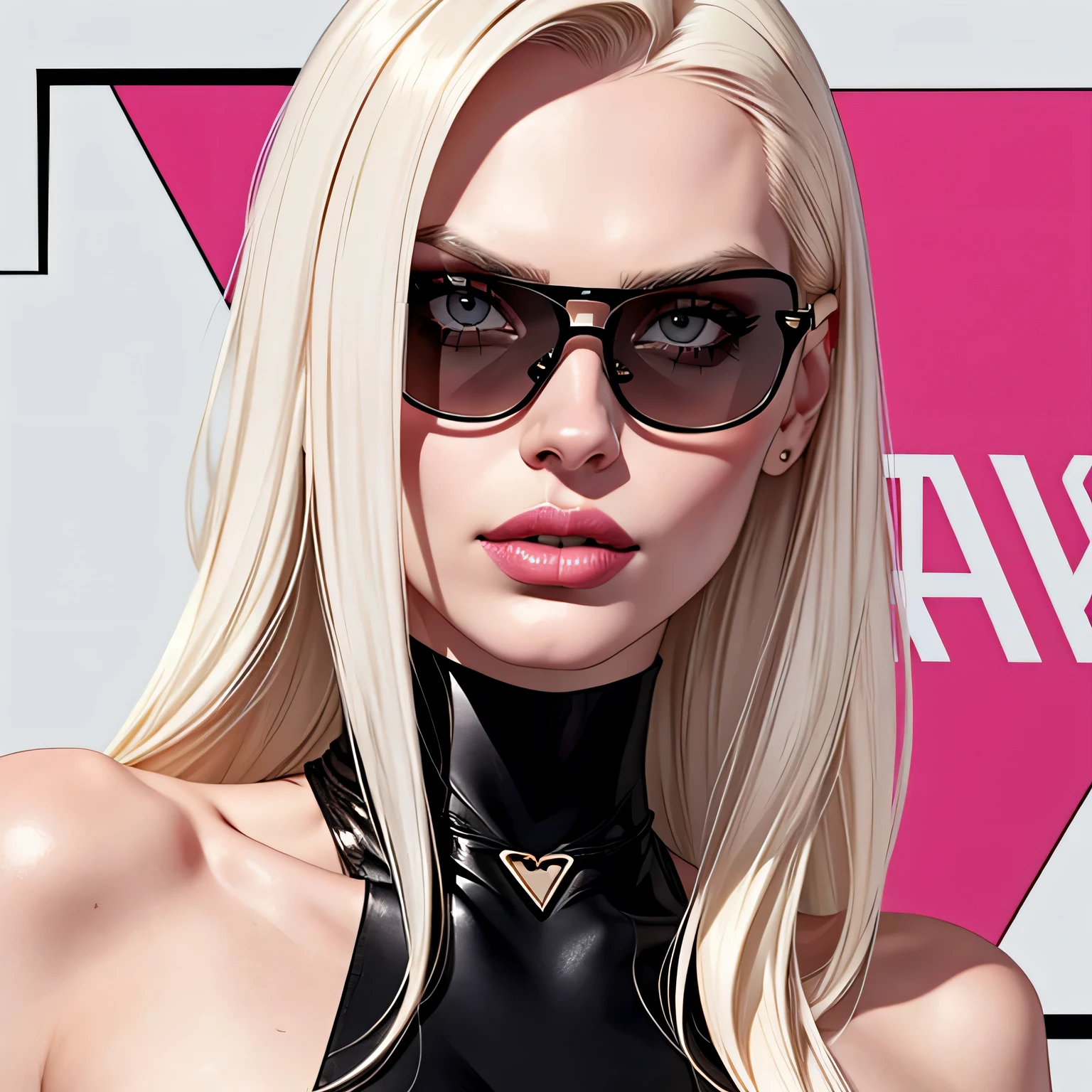 andrej pejic, long blonde hair, gray eyes, sharp features, white skin, bimbo lips, pink lipstick, sexy look, wearing big frame prada sunglasses.