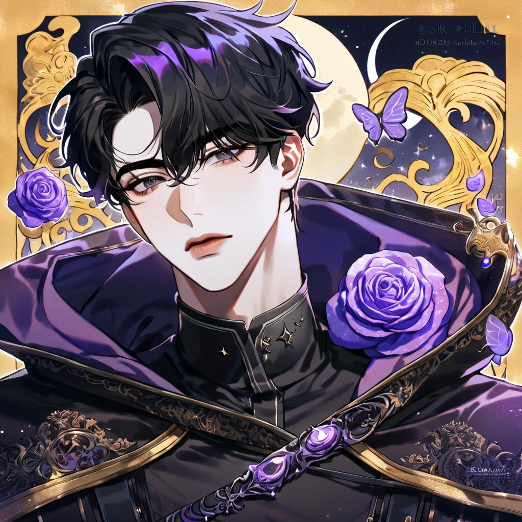 (absurdres, highres, ultra detailed, HDR) master piece, best quality, perfect face, delicate features, Yoo Joonghyuk, black hair, expressive gray eyes, Omniscient reader's viewpoint, solo, sexy man, handsome, black cape with a hood, black tight shirt, moon, purple flames, purple butterflies, purple roses, starry sky