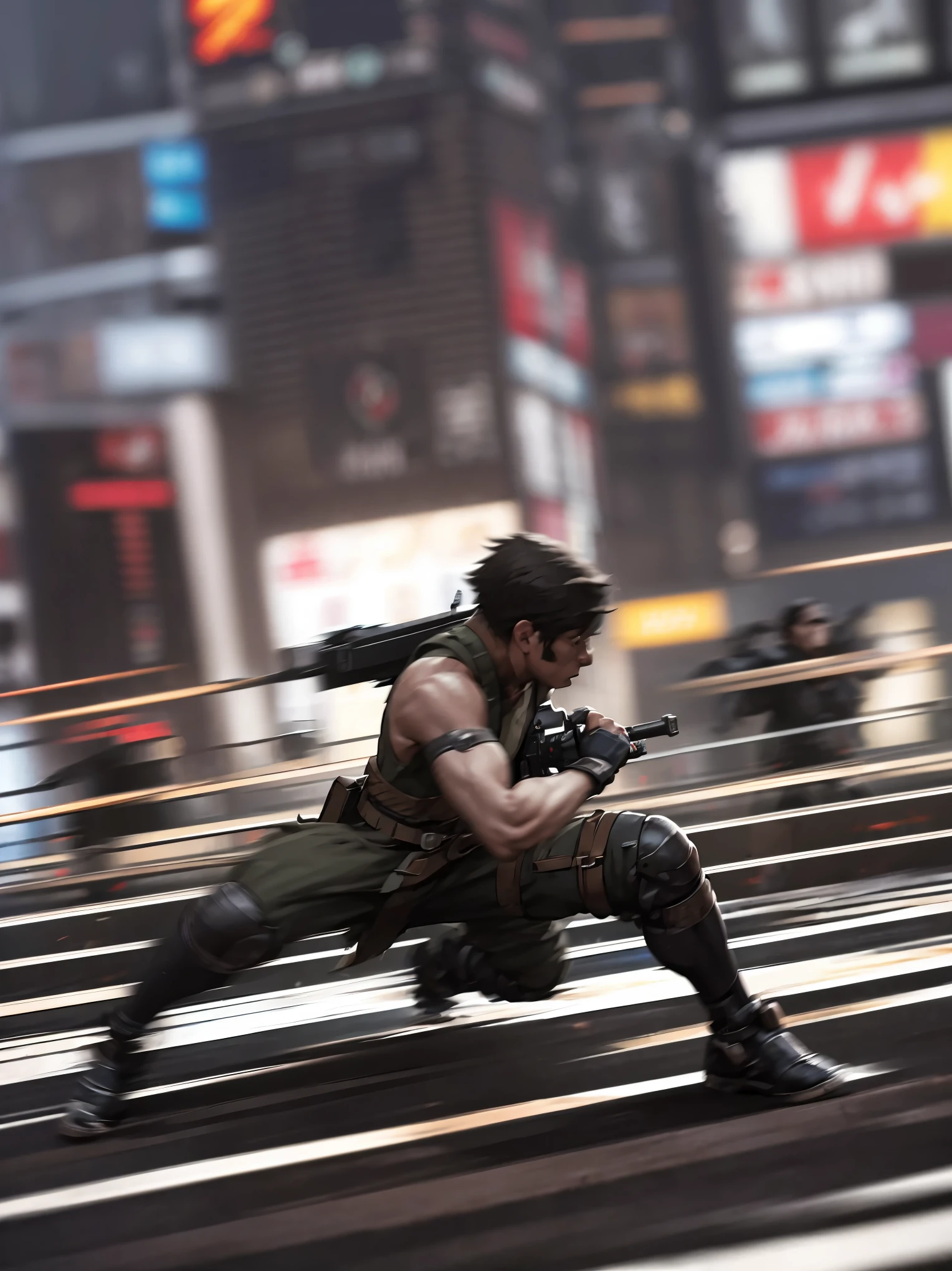 (high quality, 8k, 4K, high contrast, masterpiece: 1.2, 最high quality, best aesthetic), Shibuya crossing, post-apocalyptic, 1 man, focus, intense fight, fighting action pose, ((( Blur effect motion speed: 1.6))), destroyed Tokyo atmosphere, empty street scene, broken neon signs, depressing atmosphere, fast movement, ((motion blur on arms)), shadow assassin, assassinating an enemy , destroyed architecture, blood on the ground, less blood stained, evil energy, cinematic colors, dynamic settings, atmospheric perspective, epic lighting, (1vs1), (desenfundado).