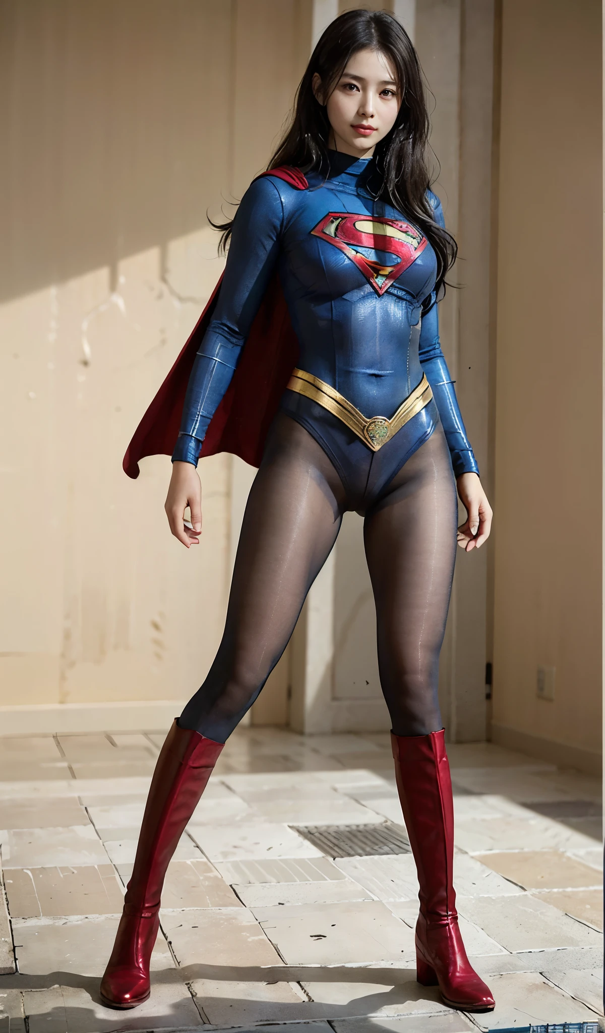 No background、(((Beautiful legs in black tights.)))、(((Legally express the beauty of your smile)))、((((Make the most of your original images)))、(((Supergirl Costume)))、(((Beautiful Hair)))、(((suffering)))、(((Please wear black tights....、Wear red boots)))、((Best image quality、8K))、((highest quality、8K、masterpiece:1.3))、(((Preserve background )))、Sharp focus:1.2、Beautiful woman with perfect figure:1.4、Thin abdominal muscles:1.2、Wet body:1.5、Highly detailed face and skin texture、8K