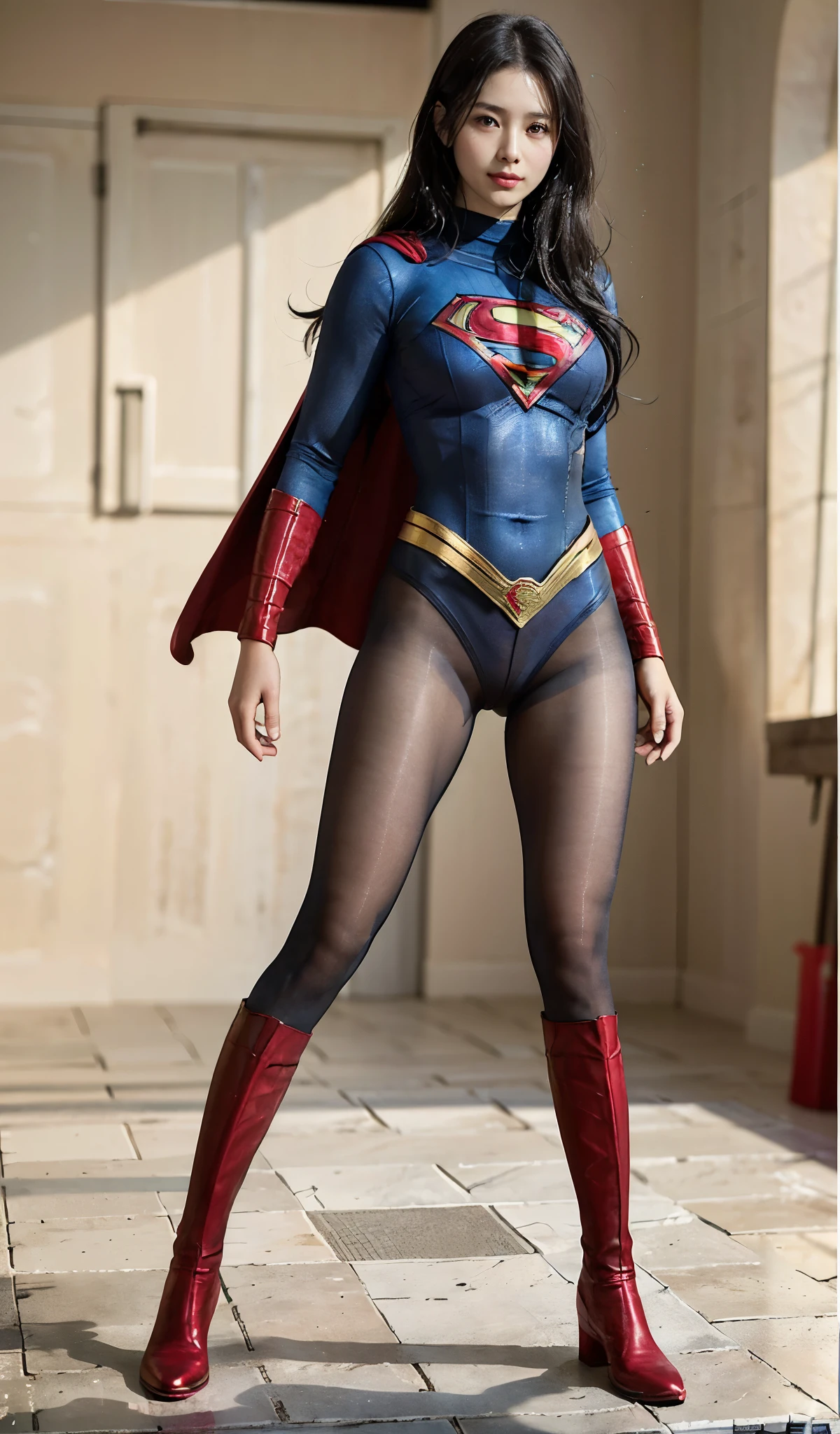 No background、(((Beautiful legs in black tights.)))、(((Legally express the beauty of your smile)))、((((Make the most of your original images)))、(((Supergirl Costume)))、(((Beautiful Hair)))、(((suffering)))、(((Please wear black tights....、Wear red boots)))、((Best image quality、8K))、((highest quality、8K、masterpiece:1.3))、(((Preserve background )))、Sharp focus:1.2、Beautiful woman with perfect figure:1.4、Thin abdominal muscles:1.2、Wet body:1.5、Highly detailed face and skin texture、8K