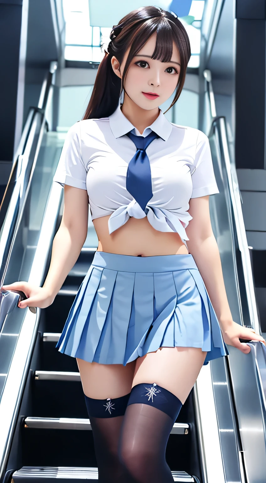 masterpiece、Realistic、8k、Cinematic Light、40 years、woman、Beautiful Face、Beauty、escalator、((Low angle long shot))、Light Blue T-Shirt、Showing your belly button、Pleated short skirt、Skirt flipped up、Side tie panties are visible、Thighs、Knee-high stockings、Embarrassed expression