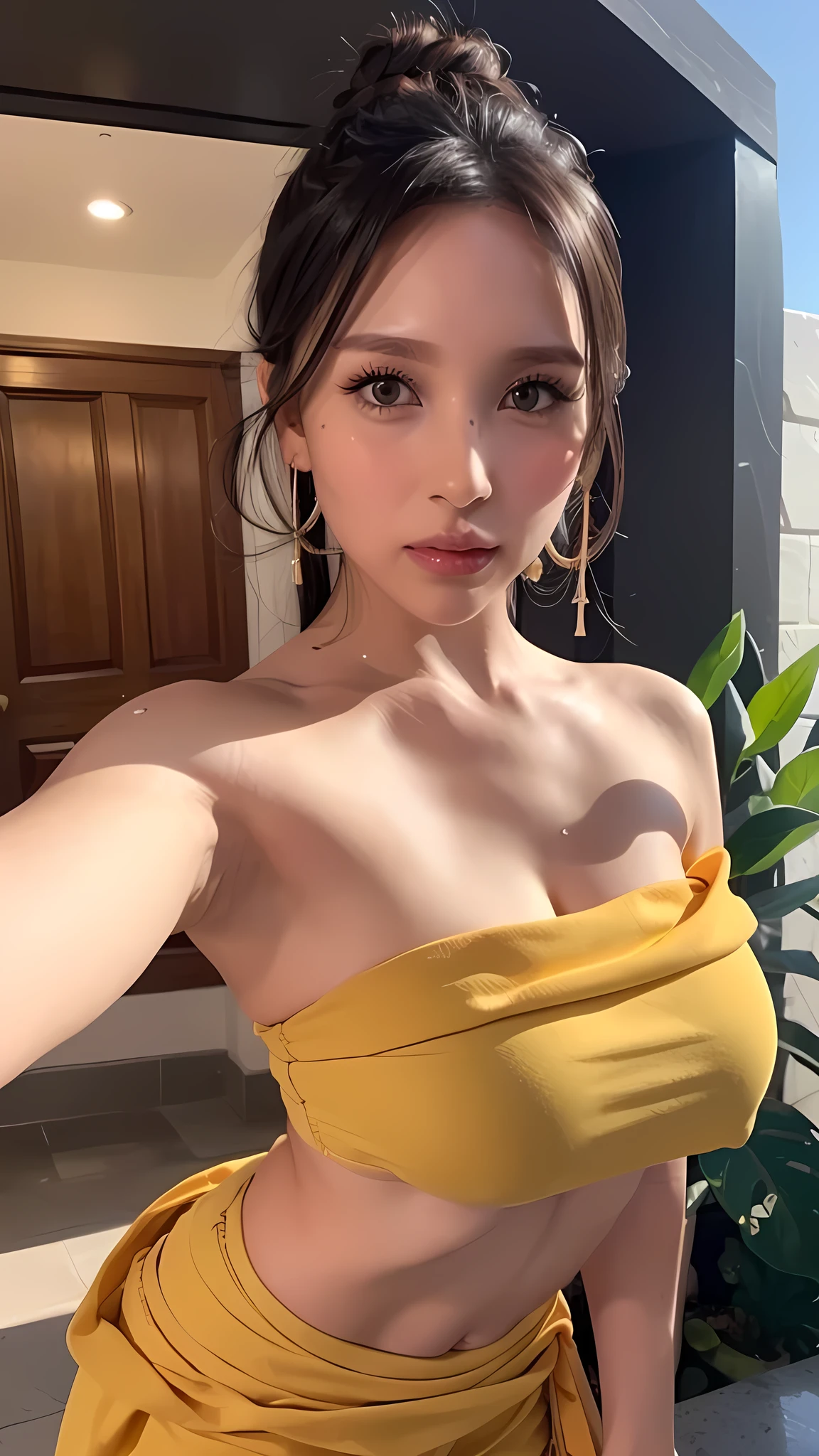 Mina, (detailed lighting, extremely detailed skin, extremely detailed hair, shadows, 8k), looking at viewer, (High Key Lighting), jewelry, large_breasts, gold hooped earrings, mole, hair_behind_ear, black towel , wet, sweating, blushing, wearing towel, looking at viewer, entrance, garden, leaning forward, upper body, hands to hips, selfie,