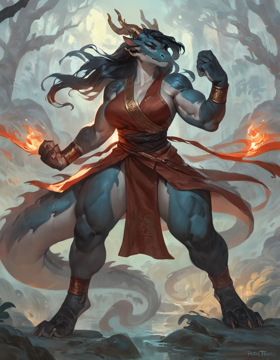 By Ruan Jia, by ross tran, female anthro eastern dragon, solo, masterpiece, best art, monk, forest, proud expression, night, standing, muscular, detailed, newest, feet, sfw, battle pose,
