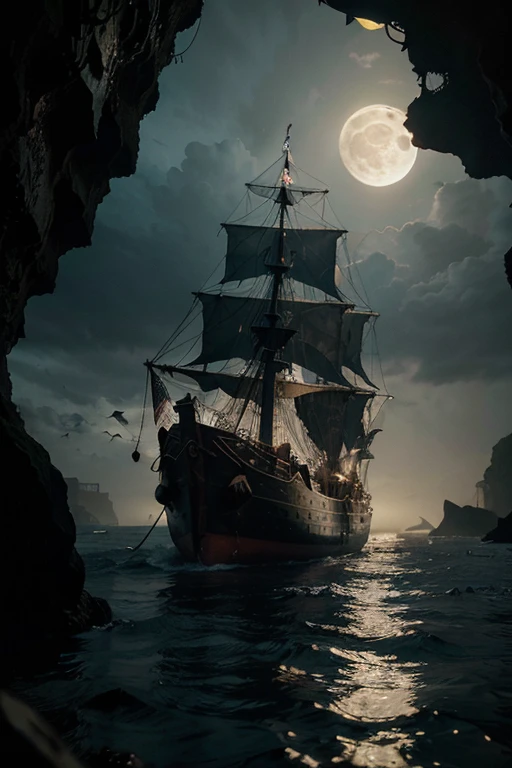 night, a bright full moon is shining, a bay of sunken sailing ships, rotten masts sticking out of the water, broken stern, view from a cave, bones and skulls in the foreground, gloomy, dramatic, pixel detail, photojournalism,
Photorealism, hyperrealism, real photo, realistic, cinematic, cinematic, realistic photography, complex details, dynamic lighting, cinematic filters