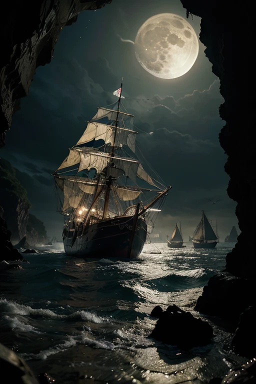 night, a bright full moon is shining, a bay of sunken sailing ships, rotten masts sticking out of the water, broken stern, view from a cave, bones and skulls in the foreground, gloomy, dramatic, pixel detail, photojournalism,
Photorealism, hyperrealism, real photo, realistic, cinematic, cinematic, realistic photography, complex details, dynamic lighting, cinematic filters