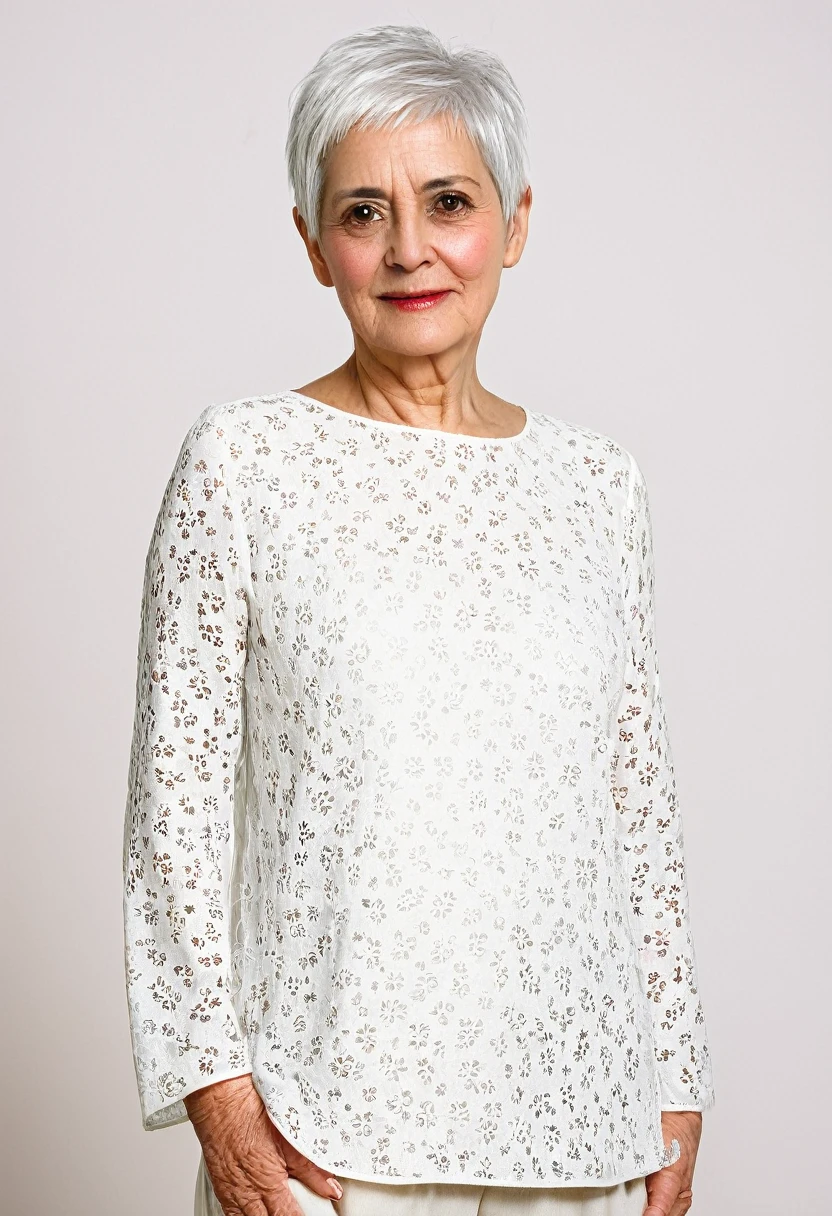 eldery woman, short white hair, black eyes, whole body