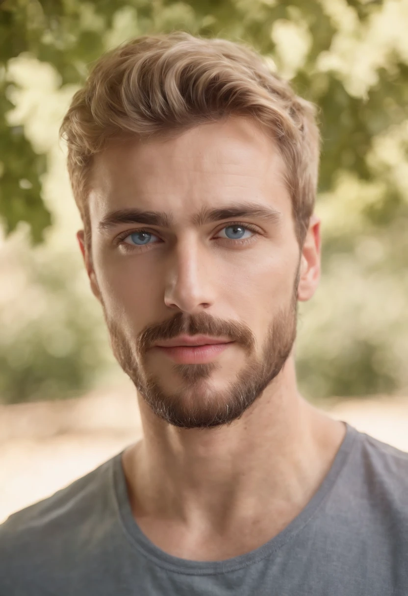 Realistic Handsome beard moustache Spanish guy with blue eyes, 8k masterpiece detailed eyes blonde short curly hair realistic eyes shirtless in sunlight in garden full body