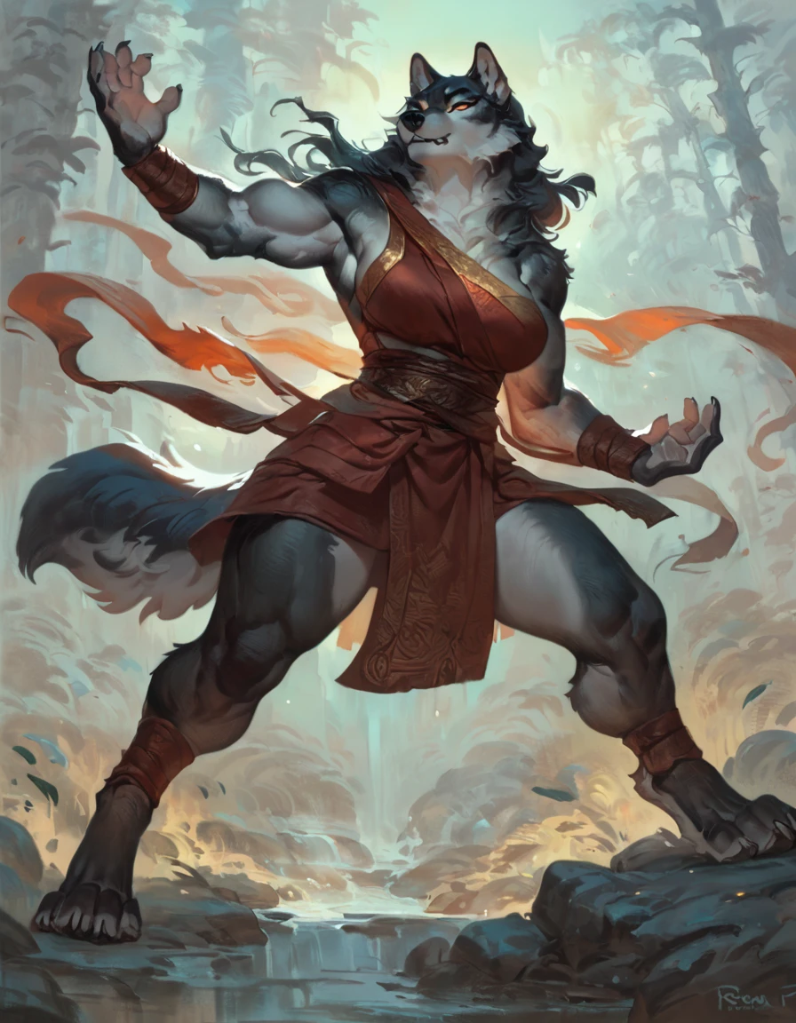 By Ruan Jia, by ross tran, female anthro wolf, solo, masterpiece, best art, monk, forest, proud expression, night, standing, muscular, detailed, newest, feet, sfw, battle pose,