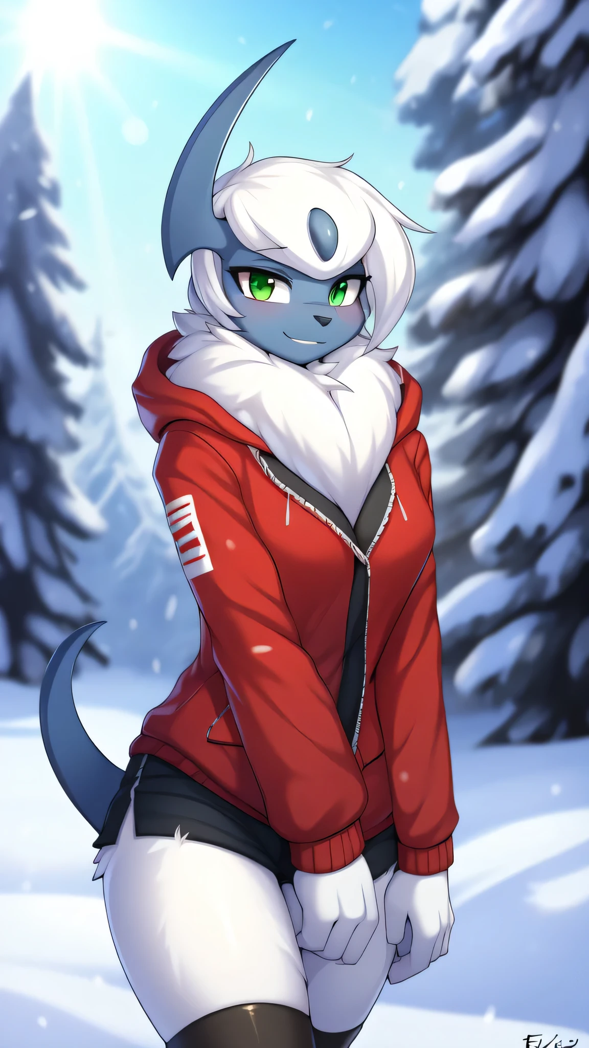 By zinfyu,by twistedscarlet60, uploaded on pixiv, by fluff-kevlar, (masterpiece), (best quality), (anthro furry:1.3, snout:1.2, anthro:1.3, furry:1.2, solo female:1.2), (extremely detailed:1.3),(checkpoint model:1.3),(detailed eye, green eye),(adult body size),(Beauty face), Absol, at home yard, winter season, snow, wearing winter jacket and syal, slim body