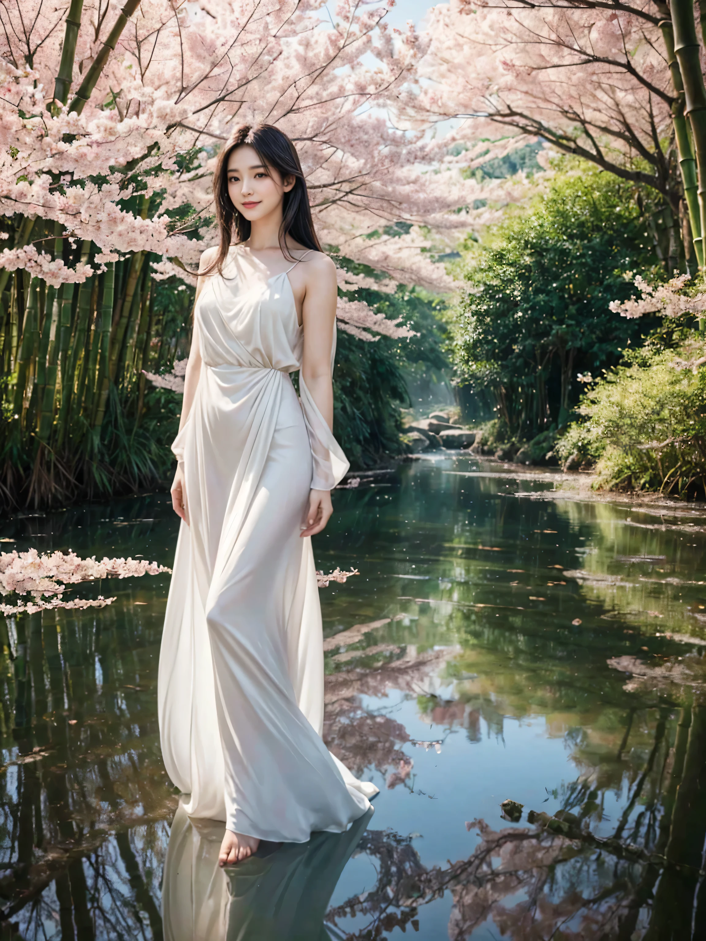 (best quality,4k,8k,highres,masterpiece:1.2),ultra-detailed,(realistic,photorealistic,photo-realistic:1.37), HDR,UHD,studio lighting,bamboo forest,traditional Chinese architecture,clean water,crystal clear reflection,floating lotus flowers,serene atmosphere,misty mountains,cherry blossoms in bloom,soft sunlight,subtle shadows,ethereal ambiance,flowing silk dress,radiant smile,almond-shaped eyes,pale skin,delicate features,graceful posture,wind blowing through her hair,peaceful expression,enchanting scenery.