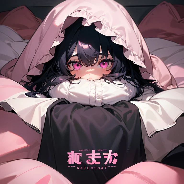 Super high quality, super high quality, super good, black and white two-tone hair, pink eyes, pursed lips, cute, bedding, covered in bedding, wrapped in bedding, hiding under bedding, wrapped in blankets, blankets, bed, upturned eyes,wearing blanket-like clothes,wearable blanket on,Get under the comforter,Sleep, 1 girl