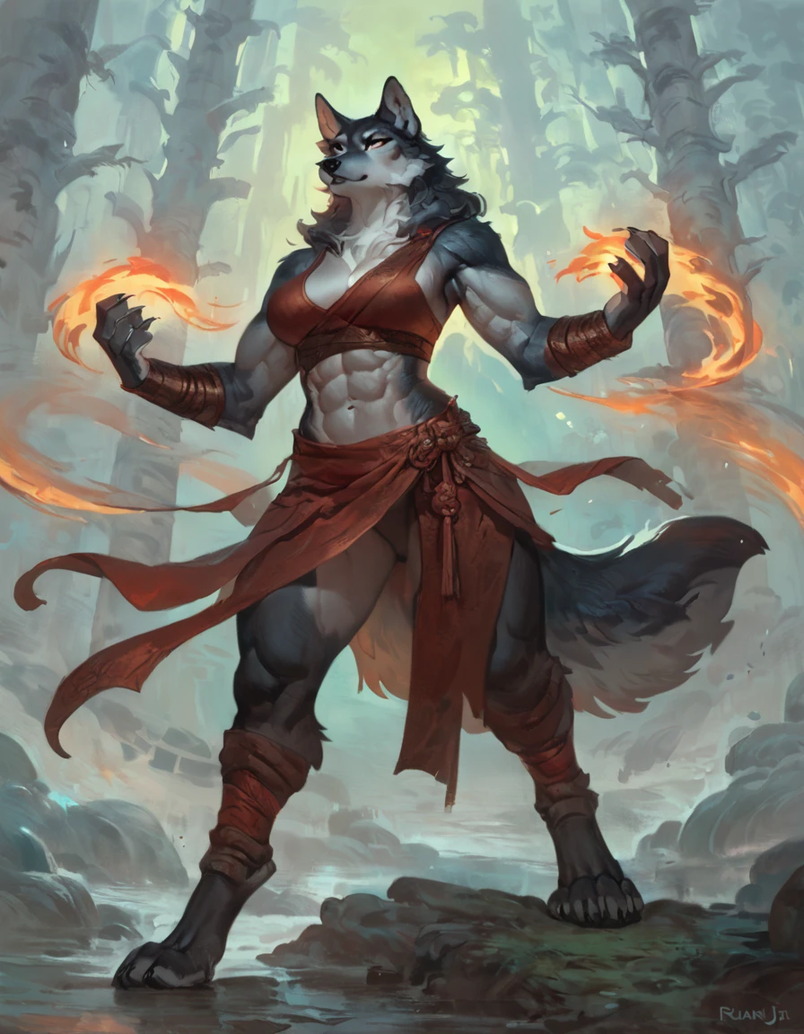 By Ruan Jia, by ross tran, female anthro wolf, solo, masterpiece, best art, monk, forest, proud expression, night, standing, muscular, detailed, newest, feet, sfw, battle pose, abs 