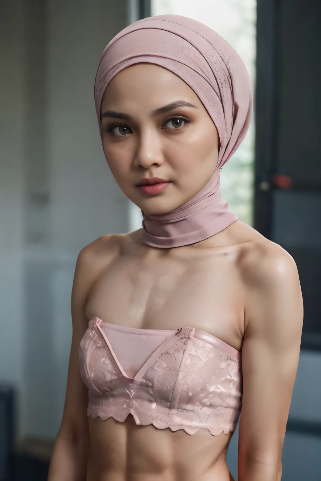 ((SHORT HIJAB)), ((Flat chest:1.7)), (dynamic photograph of a 58 year old Indonesian woman), (slim top, cotton panties), (straight non curly hair), (highly detailed face:1.4), (vascular muscles and abs:1.3), (background inside light, bright, private gym:1.1), (8k, uhd, dslr, high quality, cinematic lighting, bokeh), (dramatic, award winning photography, incredible masterpiece:1.3), (((sexy sultry stare at camera:0.8))), close up, ((she is ready to dominate you:0.5)), ((beautiful feminine face)) (she is a champion MMA fighter), add_detail:1, ((Wearing strapless pastel)) lace red , from behind view, seductive pose, straddling 