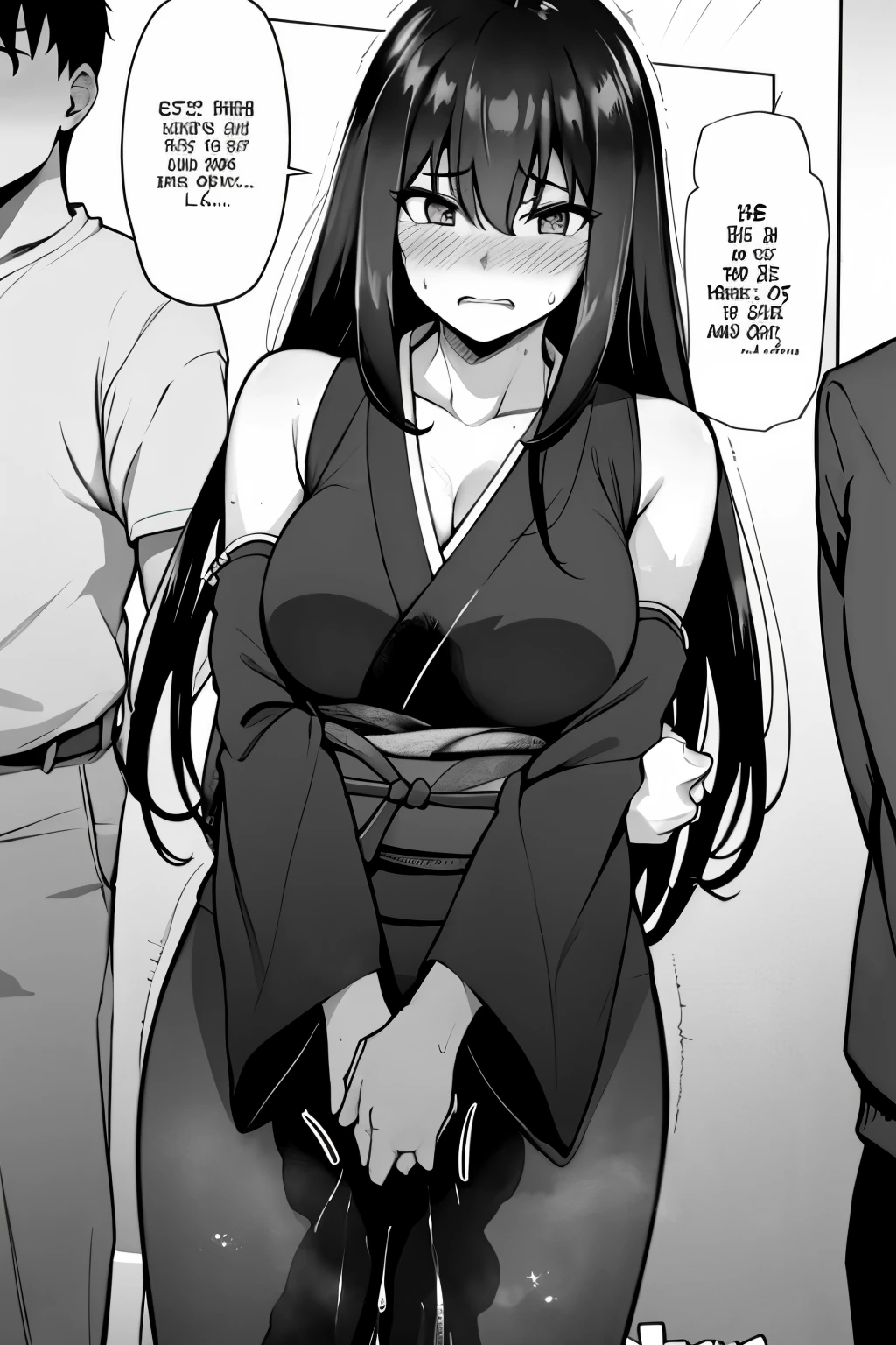 A woman with very long (black hair:1.5), wearing a kimono, stands in a (monochrome:1.25) setting. The artwork is inspired by manga and incorporates a doujin style. The woman appears to be (wetting herself:1.5), which causes her to feel embarrassed and humiliated, resulting in a blush on her face. In addition, there is an air of anger in her expression. The lighting in the scene is moody, with a spotlight highlighting the woman's figure. She is crossing her arms, (arms crossed:1.5), fully showcasing her kimono., medium breasts, full kimono