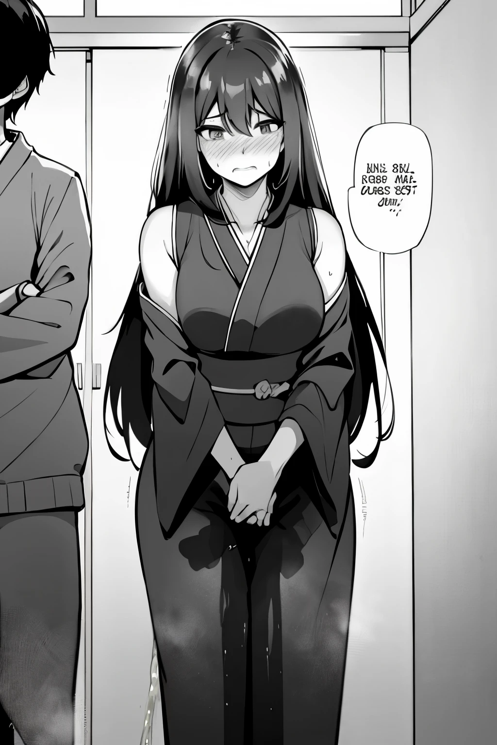 A woman with very long (black hair:1.5), wearing a kimono, stands in a (monochrome:1.25) setting. The artwork is inspired by manga and incorporates a doujin style. The woman appears to be (wetting herself:1.5), which causes her to feel embarrassed and humiliated, resulting in a blush on her face. In addition, there is an air of anger in her expression. The lighting in the scene is moody, with a spotlight highlighting the woman's figure. She is crossing her arms, (arms crossed:1.5), fully showcasing her kimono., medium breasts, full kimono