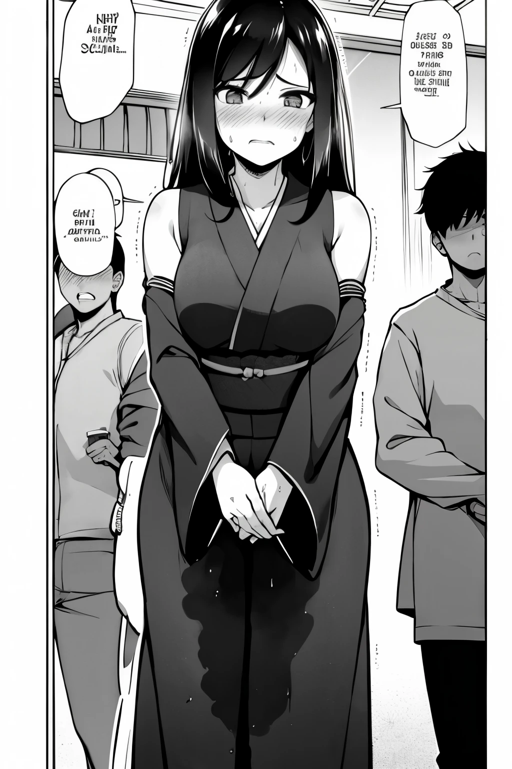 A woman with very long (black hair:1.5), wearing a kimono, stands in a (monochrome:1.25) setting. The artwork is inspired by manga and incorporates a doujin style. The woman appears to be (wetting herself:1.5), which causes her to feel embarrassed and humiliated, resulting in a blush on her face. In addition, there is an air of anger in her expression. The lighting in the scene is moody, with a spotlight highlighting the woman's figure. She is crossing her arms, (arms crossed:1.5), fully showcasing her kimono., medium breasts, full kimono