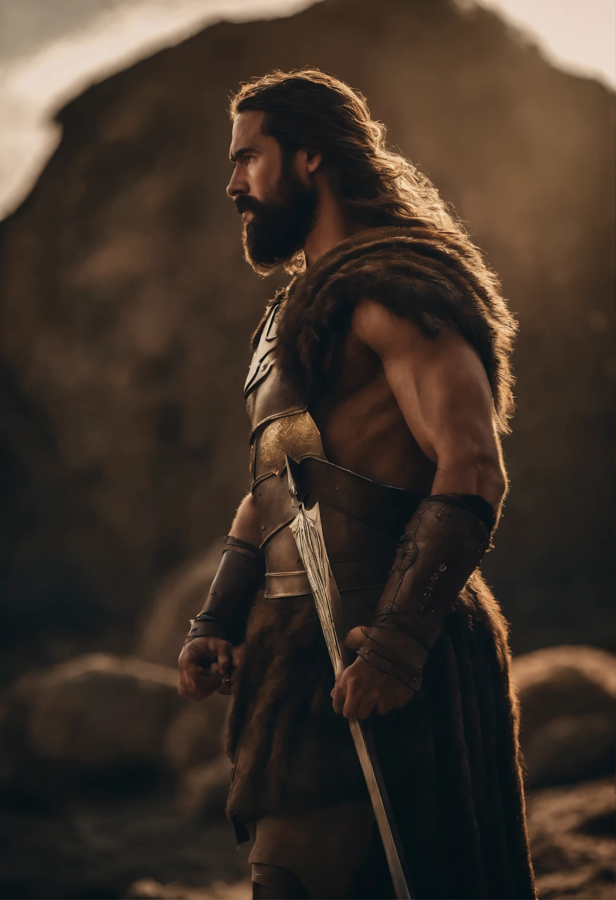 Spartan warrior,long hair ,bearded, without armour,big lion, epic,8k