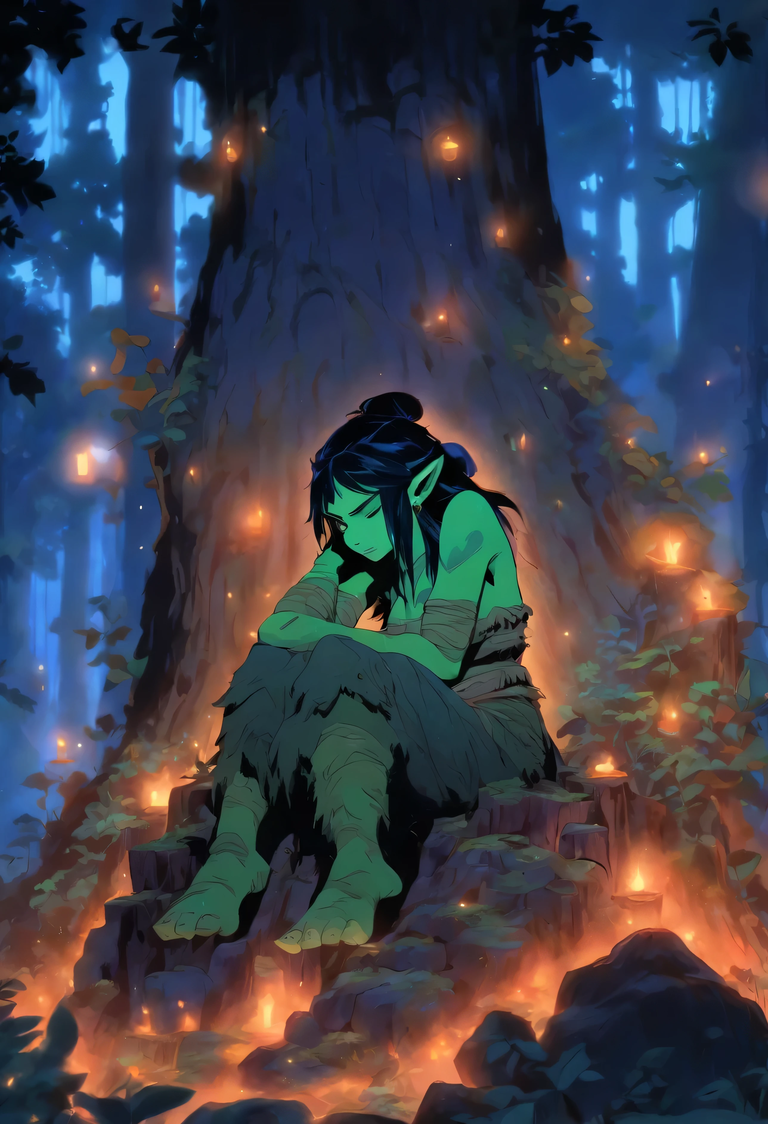 a beautiful black-haired orc woman in a deep forest sleeping while sitting on a tree stump