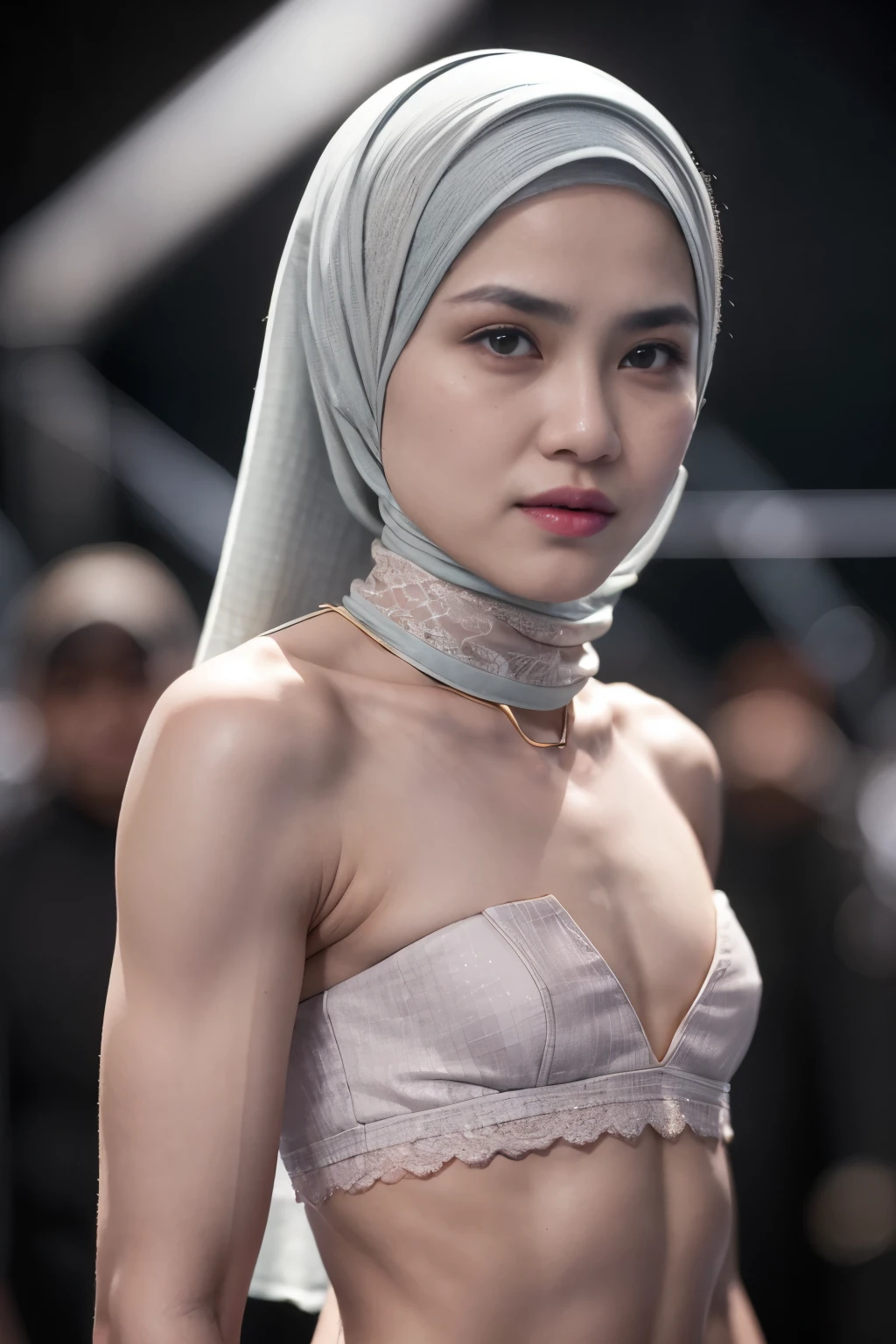 ((SHORT HIJAB)), ((Flat chest:1.7)), (dynamic photograph of a 58 year old Indonesian woman), (slim top, cotton panties), (straight non curly hair), (highly detailed face:1.4), (vascular muscles and abs:1.3), (background inside light, bright, private gym:1.1), (8k, uhd, dslr, high quality, cinematic lighting, bokeh), (dramatic, award winning photography, incredible masterpiece:1.3), (((sexy sultry stare at camera:0.8))), close up, ((she is ready to dominate you:0.5)), ((beautiful feminine face)) (she is a champion MMA fighter), add_detail:1, ((Wearing strapless pastel)) lace yellow fluorescence , from behind view, seductive pose, straddling , (((background a very dark night))), (((wearing Tuxedo)))