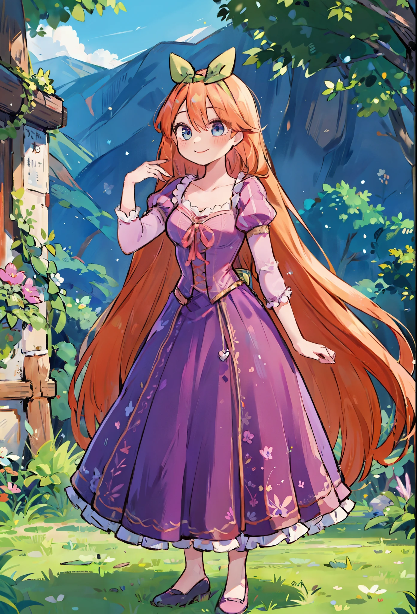 HAIR RIBBON, GREEN RIBBON , Fusion between Rapunzel from disney and Yotsuba Nakano, yotsuba nakano wearing rapunzel's dress, long long orange hair, red hair, pink hair, orange hair, extremely long hair, bangs, hair between eyes, green ribbon on hair, hair ribbon, blue eyes, athletic, muscular, purple rapunzel dress, Purple and pink Dirndl dress, lavender corset top, laced with a pink ribbon, long purple skirt decorated with swirl designs, in pink, dark purple and white, sleeves puffed and striped (pink and lavender), playful smile, smiling, cute, lovely, lovely expression, simply nature magical background, full body, standing up, good fusion, excellent character design, masterpiece, 4k, perfect anatomy, perfect face, perfect eyes, 1girl, solo, full body,