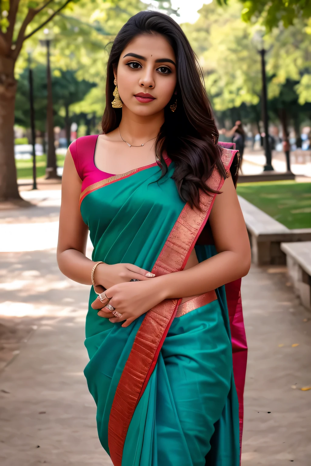 8k uhd, dslr, high quality , RAW photo, Photography ,Fujifilm XT3, Canon R5, Beautiful Female long hair , park ,Amateur ,in blue saree
