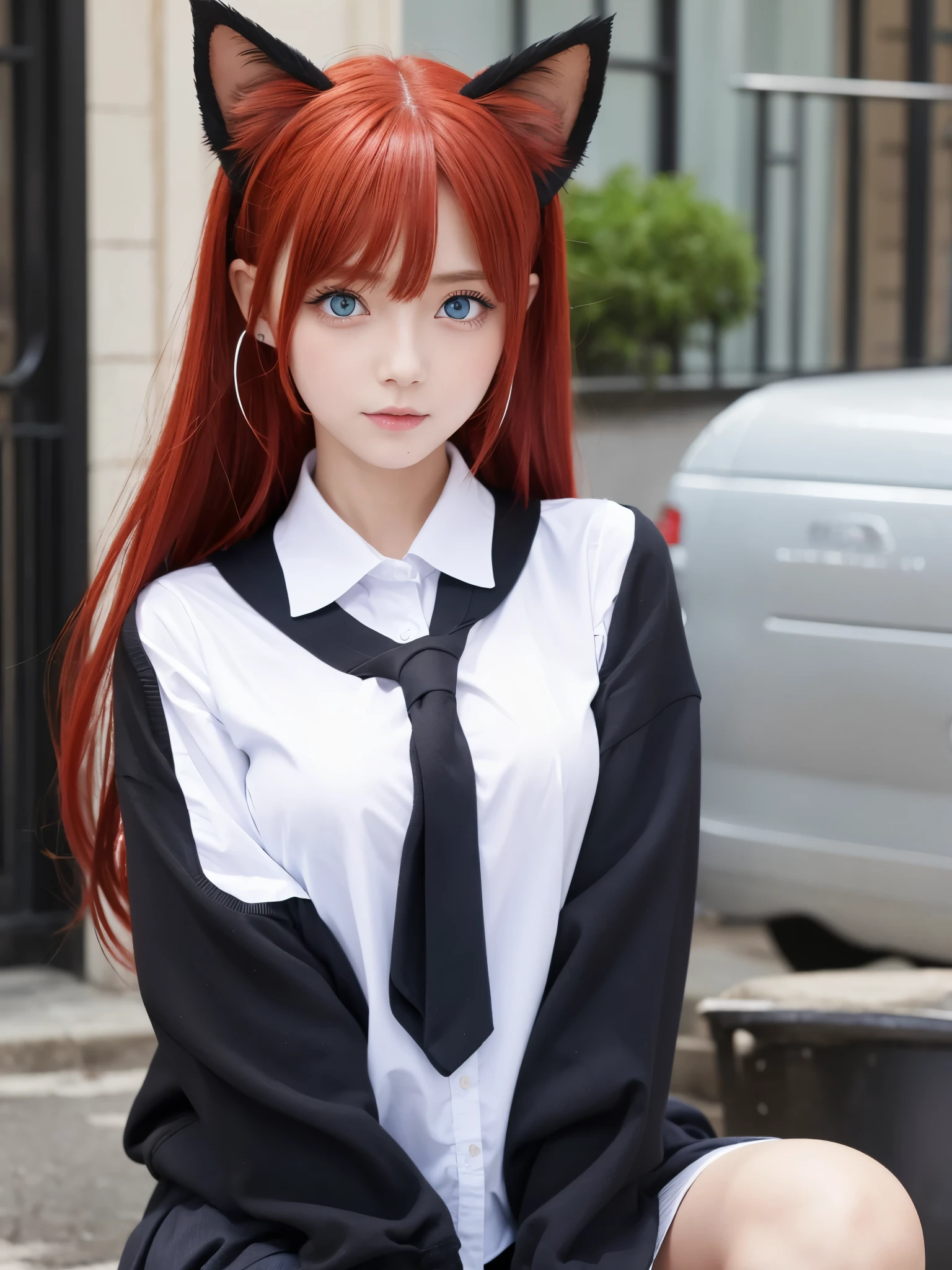 Hot girl, red hair, blue eyes, black school clothes, cat ear
