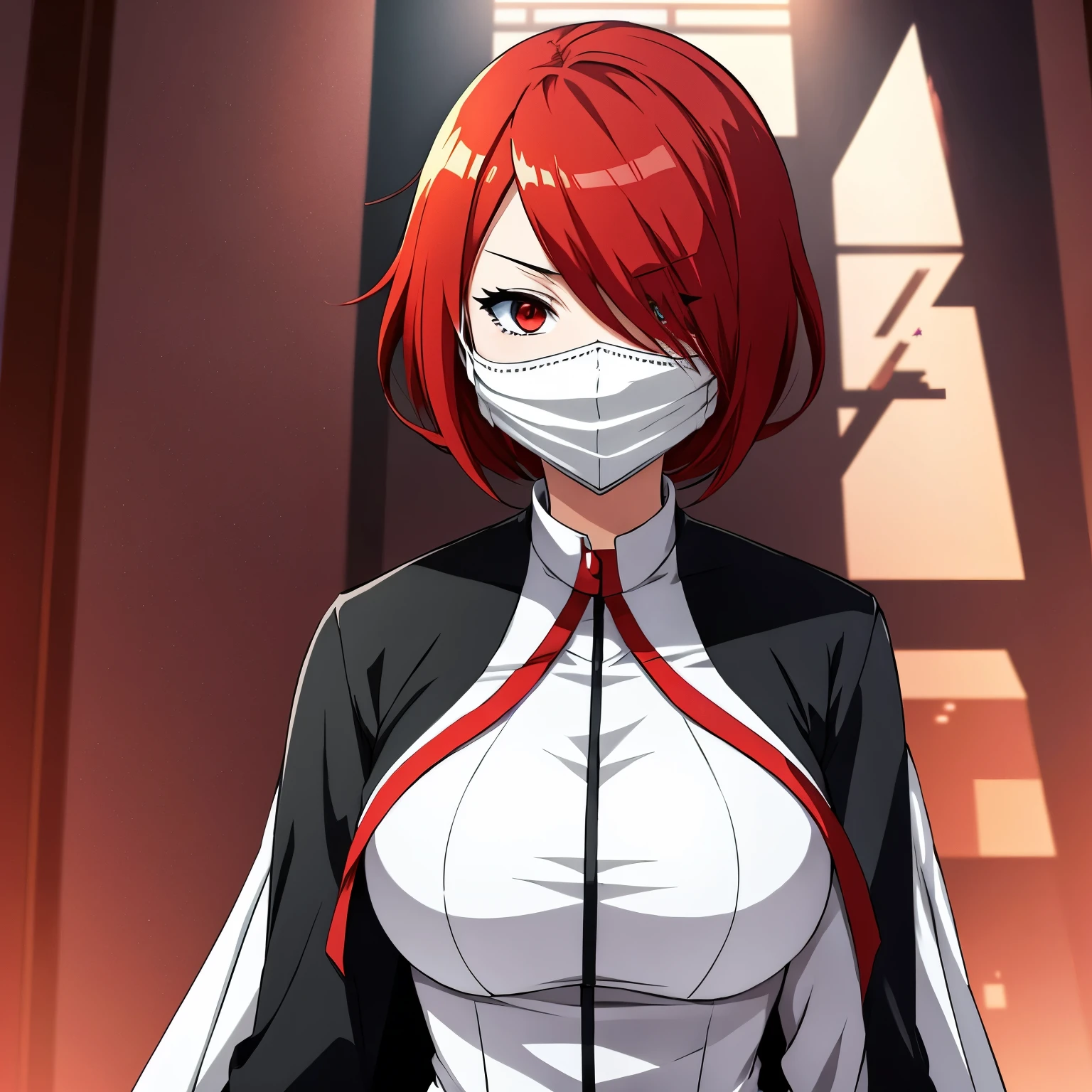 Anime like tall woman, short vibrant red hair, white mask that fully covers face, fully black clothes.