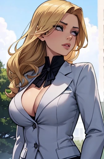 upper body, president, woman, busty, elegant, graceful, stylish outfits, femininity, charming, determined, suit, western, blonde