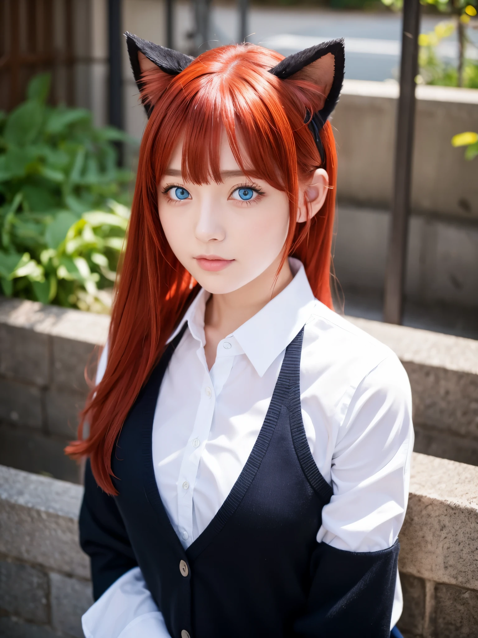 Hot girl, red hair, blue eyes, black school clothes, cat ear