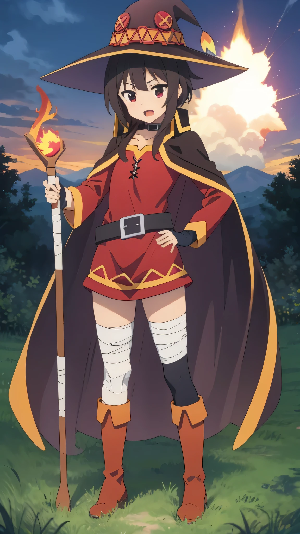 {{{masterpiece}}}, {{{best quality}}}, {{ultra-detailed}}, {illustration}, {{an extremely delicate and beautiful}}, 8k, NSFW, megumin (konosuba), Holding a cane and posing in a cool pose, casting magic, magic, magic wand, {holding a cane in one hand}, bandaged leg, {explosion}, full body, hat, holding, open mouth, standing, boots, cape,megumin, megumindef, nuclear explosion, flame,solo, mushroom cloud,surrounded by cloud, orange theme,outdoors, grass