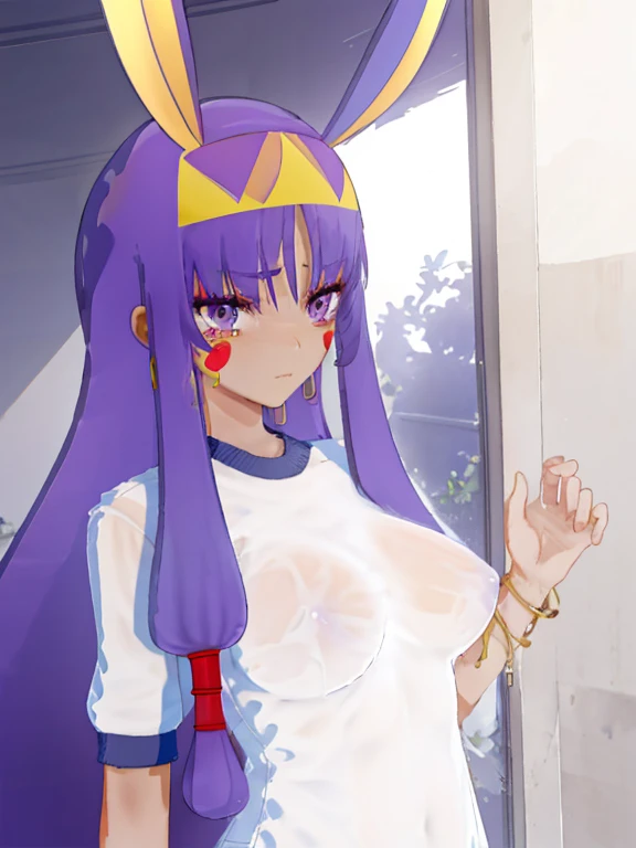 NIIGAKISHINA, PURPLE HAIR, TWO-TONE HAIR, SPLIT-COLOR HAIR, PINK HAIR, BLUNT BANGS, VERY LONG HAIR, PURPLE EYES, perfect shiny hair, , , empty eyes , , , large breasts, nipple, Walking, , Abandoned amusement park frozen, wet, ,, Naked, Scary crying , (1girl) Blank look