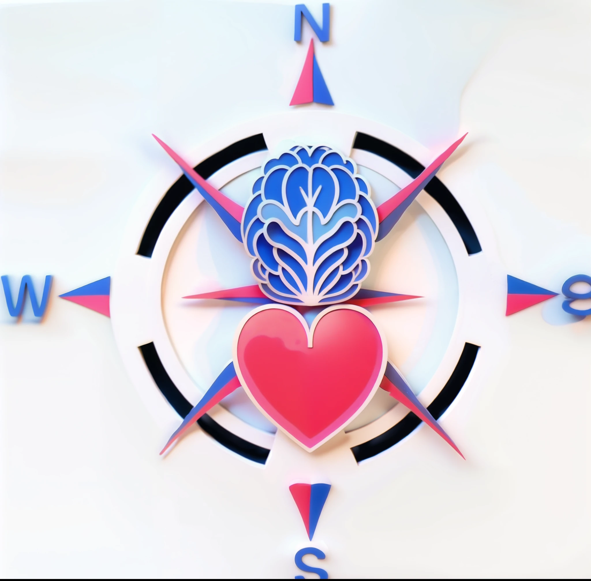 A logo for a company specializing in human resources where the elements are made up of a compass, in the center of this compass there is a drawing of a brain at the top next to the letter N which represents north and below, within the circle, a heart oriented towards the south of the compass the colors used are blue, red and black. a close up of a compass with heart and brain, mechanical heart in center, connected to heart machines, conscience projection, head is Centrado, Centrado in picture, Compass energy flowing, well Centrado, inside the irradiated connection, Neuroscience, complex emotion, video still, easy to understand, mente, Centrado, imagem de perfil, conscience. Logo of a company specializing in human resources where the elements are made up of a compass, in the center of this compass there is a drawing of a blue brain at the top next to the letter N which represents north and below, Inside the circle, a heart oriented towards the south of the compass the colors used are blue, vermelho e preto.