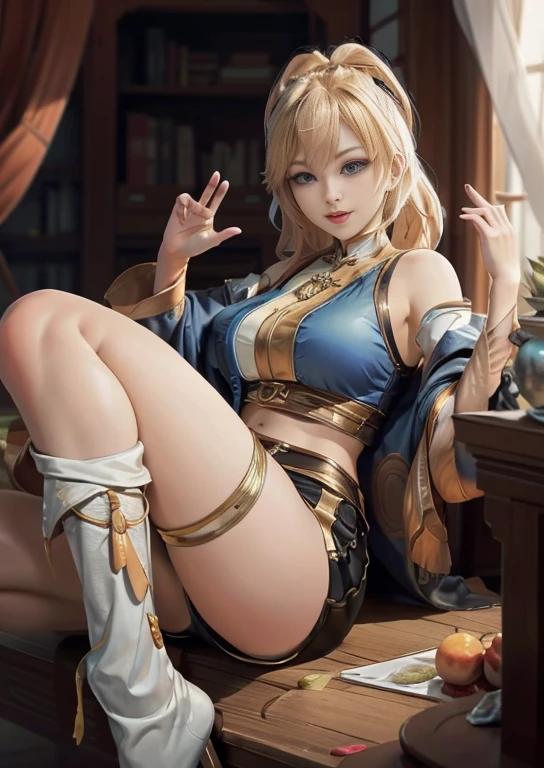best quality, realism, real, photo: 1.4), Ji Xiaoman, Blond, blue eyes, hand on belly, big breasts, large breasts, thick legs, thights, sitting, knees up, open legs, real, photo"