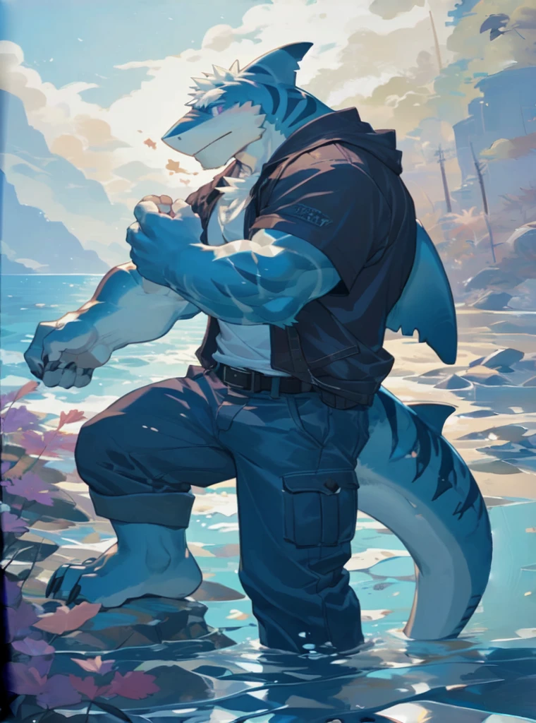 anime - style picture of a man in a shark suit holding a shark, male robotic anthro dolphin, male robotic anthro orca, from cryptid academia, anthro art, commission for high res, sfw version, anthro dragon art, makoto shinkai cyril rolando, anthropomorphic shark, anthro paw pov art, robotic anthro dolphin