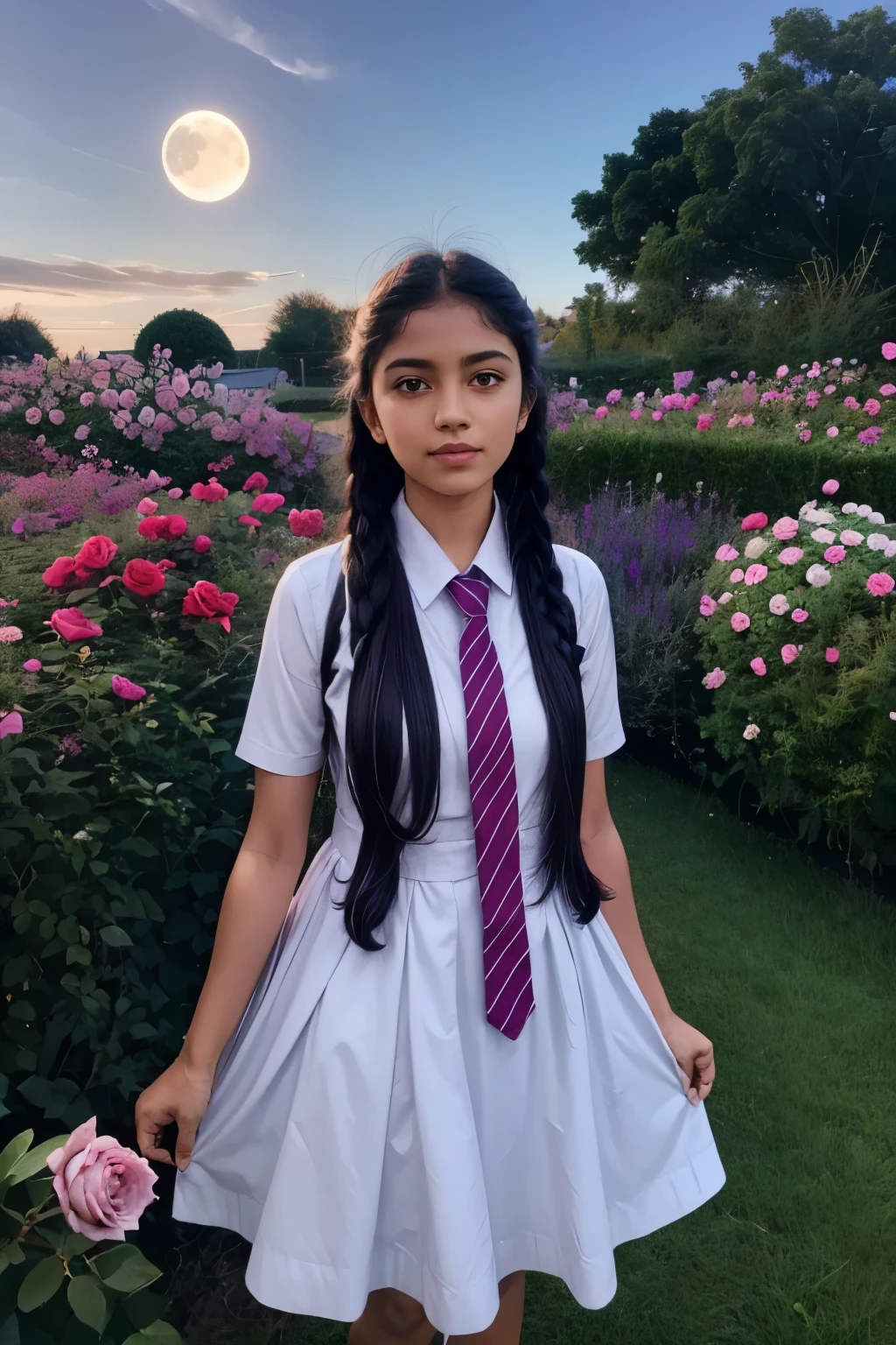 a garden full of roses in variety colors, above is the sky with blue and purple light, dream magical garden, a girl standing on flower field looking up to the moon , wearing uniform