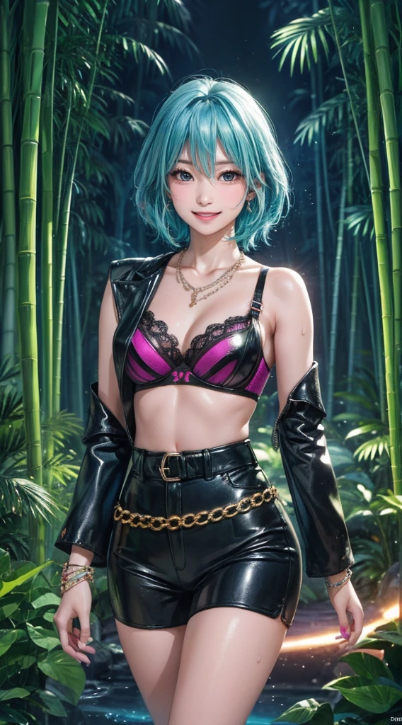 A top-down, hyper-realistic depiction of a stunningly provocative girl dressed in neon-glowing briefs and a bra. Her neon blue hair emits a mesmerizing glow as she stands in a neon-lit bamboo forest. The dark fantasy setting is accentuated by the glowing bamboo stalks and mysterious architecture in the background. Her tan skin contrasts with the neon accessories, including bracelets, rings, and a dazzling necklace. She faces the bamboo forest with a flirtatious expression, seductively inviting love and attention while covered in a sheen of sweat. The combination of dark, fashion-forward elements and her irresistible allure create an unforgettable image., architecture, dark fantasy, fashion