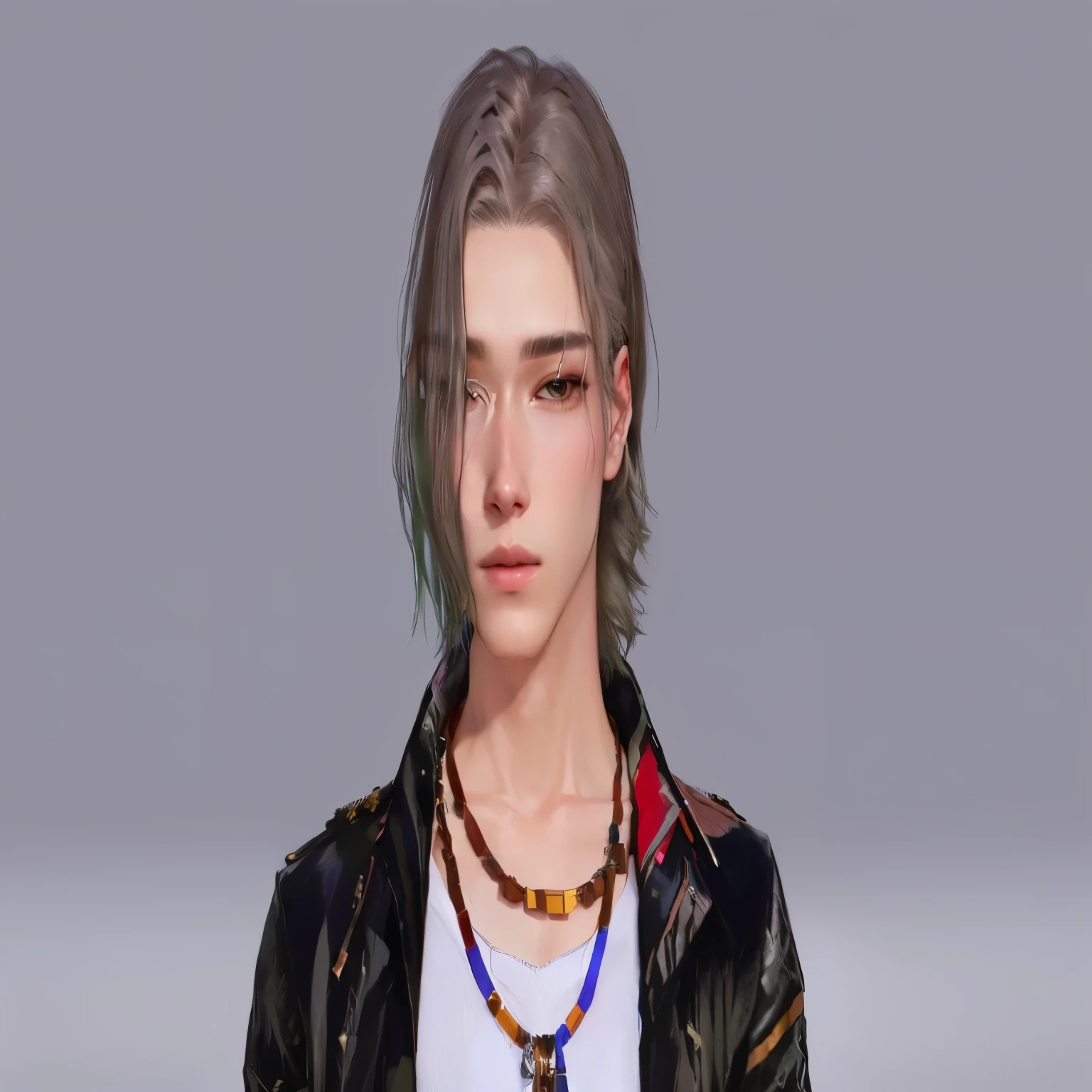 a close up of a person with a necklace and a jacket, realism artstyle, inspired by Sim Sa-jeong, detailed punk hair, handsome stunning realistic, xqc, delicate androgynous prince, hyperrealistic teen, inspired by Aleksander Gine, inspired by jeonseok lee, realistic artstyle, inspired by Bian Shoumin, inspired by Maeda Seison