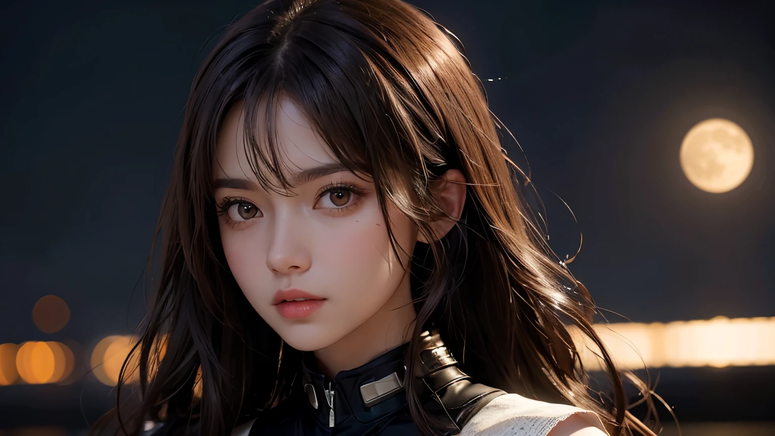 A beautiful woman. Dark brown hair. eighteen. She is looking at the camera with a serious expression. An image of a lunar city behind her.