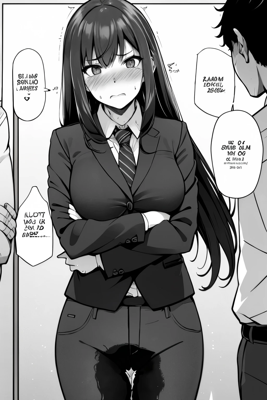 A woman with very long (black hair:1.5), wearing a business outfit consisting of a suit and tight pants, stands in a (monochrome:1.25) setting. The artwork is inspired by manga and incorporates a doujin style. The woman appears to be (wetting herself:1.5), which causes her to feel embarrassed and humiliated, resulting in a blush on her face. In addition, there is an air of anger in her expression. The lighting in the scene is moody, with a spotlight highlighting the woman's figure. She is crossing her arms, (arms crossed:1.5), fully showcasing her pants., medium breasts