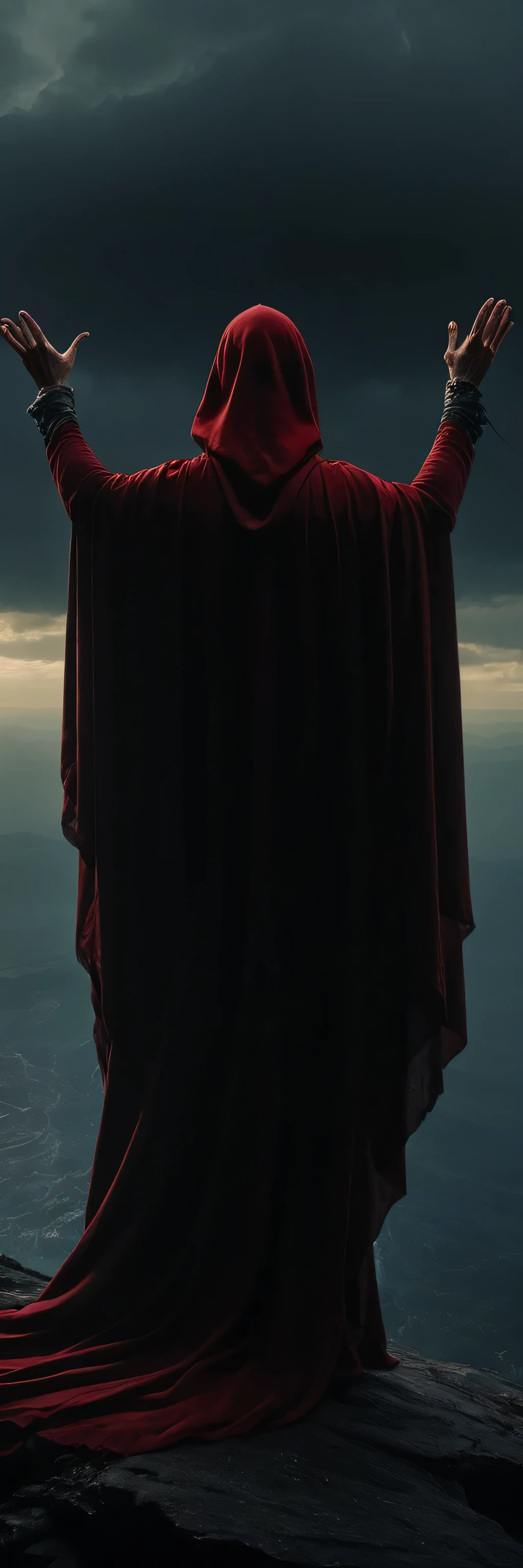 creepy, masterpiece, best quality, hyper detailed, ultra detailed, UHD, perfect anatomy, portrait, dof, hyper-realism, majestic, awesome, inspiring, sinister Dark, cinematic, deep blacks, Perfect Hands, cinematic composition, soft shadows, national geographic style, creepy, ominous, wide shot, long shot, far away, dynamic pose,