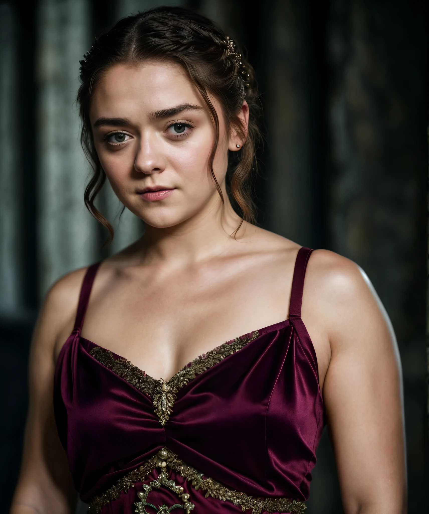 Foto RAW, Arya Stark, Extremely gorgeous lady, Arya Stark PLAYED BY MAISIE WILLIAMS, Queen Arya Stark, she  a mature woman now, milf, sexy mediaeval battle dress, gladiator woman, body, 40 years old Woman, body revealing costumes, perky breast, big natural breast, erotic costumes, lusty physique, seductive figure can capture every people's attention, Game of thrones costumes, revealing captivating figure, Mediaeval costumes, revealing clothes, A tomboy, she would rather fence than dance, warrior queen , game of thrones screen caps, Game of Thrones Series, (pele altamente detalhada: 1.2), 8k UHD, DSLR, soft-lighting, alta qualidade, grain of film, Fujifilm XT3, flawless picture, highly detailed, detailed Beauty, intricate, 32k, sharp picture,