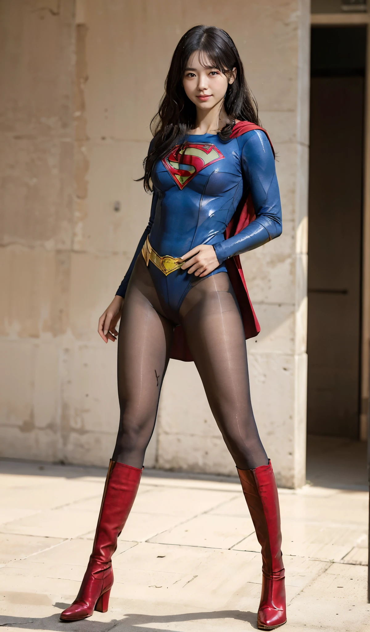 No background、(((Beautiful legs in black tights.)))、(((Legally express the beauty of your smile)))、((((Make the most of your original images)))、(((Supergirl Costume)))、(((Beautiful Hair)))、(((suffering)))、(((Please wear black tights....、Wear red boots)))、((Best image quality、8K))、((highest quality、8K、masterpiece:1.3))、(((Preserve background )))、Sharp focus:1.2、Beautiful woman with perfect figure:1.4、Thin abdominal muscles:1.2、Wet body:1.5、Highly detailed face and skin texture、8K